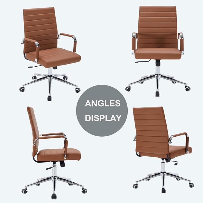 Brown Leather Ribbed Office Desk Chair, Ergonomic Mid-Back Executive Conference Room Chairs with Wheels, Adjustable Swivel Computer Task Chair with Arms and Thick Padded Seat