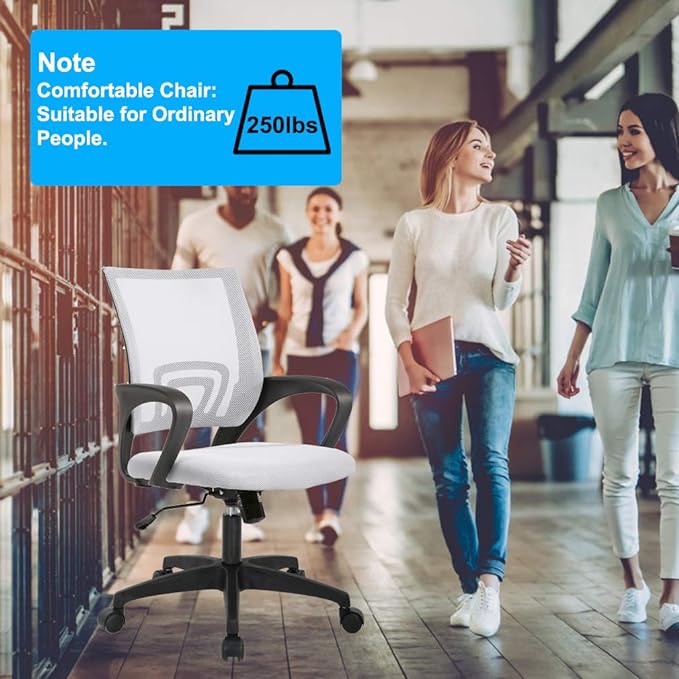 BestOffice | Ergonomic Office Chair | Mid-Back Swivel Desk Chair | Breathable Backrest & Lumbar Support | Adjustable Height | Sponge Seat | Rolling Wheels | White | for Adults & Women