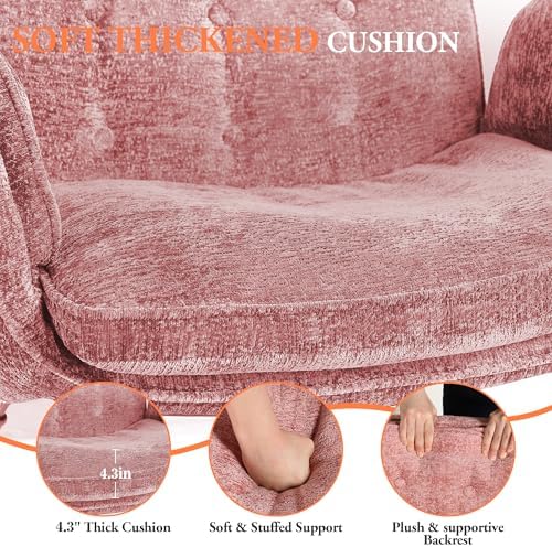 Criss Cross Chair with Wheels & Arms, Chenille Cross Legged Office Chair with 5-level Folding Armrest, Comfortable Adjustable Swivel Vanity Chair for Home, Make Up, Bed Room, Office, Accent (Pink)