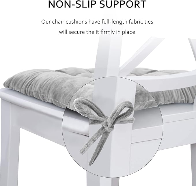 ELFJOY 4 Pack Chair Cushions for Dining Chairs Chair Pads Cushion for Kitchen Office Tufted Square Seat Cushion with Ties (16" Grey Velvet)