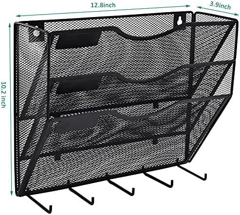 EASEPRES 3 Pocket Mesh Hanging File Organizer with Key Holder Hooks & Nametag Label, Wall Mounted Mail Paper Document Folder Clipboard Storage Organization Magazine Rack for Office Cubicle, Black