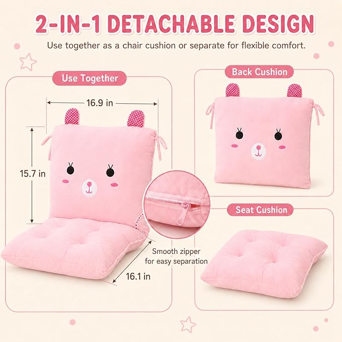 ChezMax Chair Cushion Plush Seat Cushion Back Cushion with Ties, Detachable Thickened Desk Chair Pads, Cartoon Waist Pillow Cushion Decor for Chair Car Office Patio Wheelchair, Cartoon Rabbit