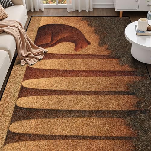 Serene Bear Pine Trees Tranquil Nature Landscape Art Area Rug Outdoor Patio Rug Play Mat Modern Floor Carpet Non-Slip Home Decor Living Room Kids Bedroom Nursery, 6x9 ft