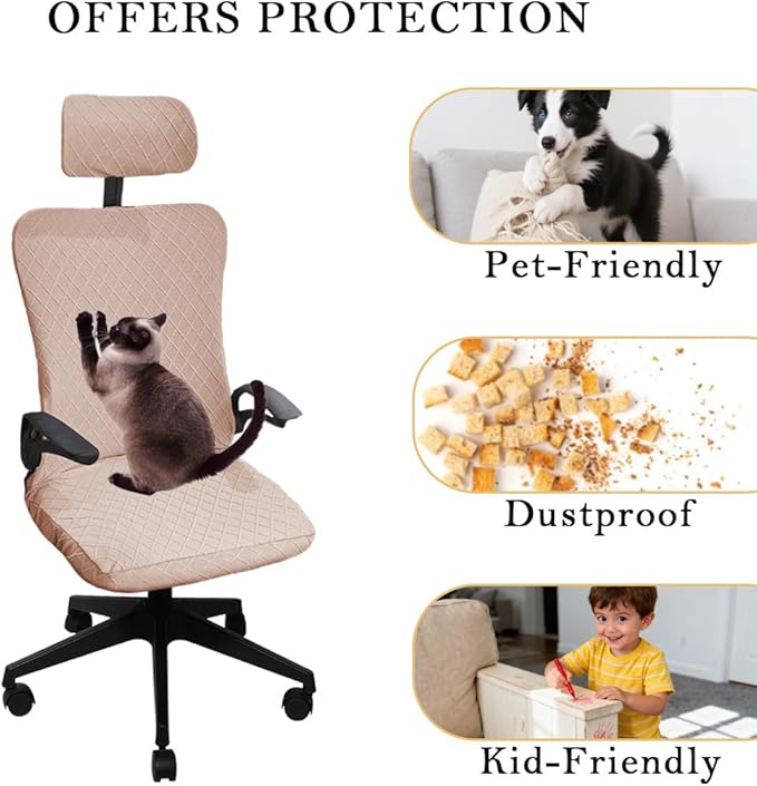 Ergonomic Office Chair Covers Set with Headrest Cover Stretch Desk Computer Chair and Headrest Slipcovers Washable Protector Slipcovers for Swivel Computer Chair 2 Pieces Camel