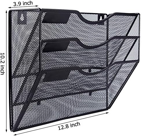EASEPRES 3 Pocket Mesh Hanging Wall File Organizer, Wall Mounted Mail Paper Document Folder Holder, Clipboard Storage Organization Magazine Rack with Nametag Label for Office Home School, Black