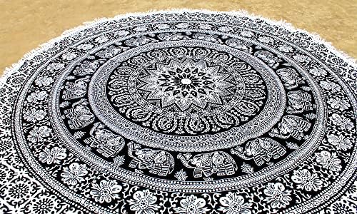 Round Beach Tapestry Turquoise Mandala Throw/Boho Hippie Beach Blanket Roundie/Indian Cotton Bohemian Large Round Table Cloth-Home Decor/Yoga Mat Meditation Picnic Rug (42", Black And WHite)