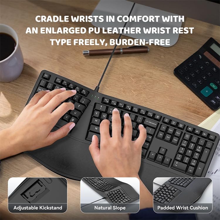 SurnQiee Ergonomic Keyboard Wired with Cushioned Wrist Rest, 110 Keys Split Keyboard for PC (Black)