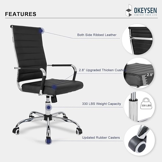 Okeysen Ergonomic Office Desk Chair, Modern PU Leather Conference Room Table Chairs Ribbed, High Back Executive Swivel Rolling Chair for Home, Office
