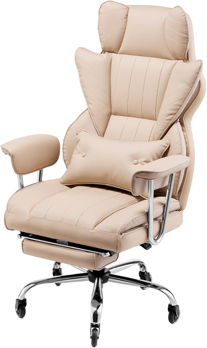 VEVOR Executive Office Chair with Footrest, 400lb Capacity Oversize Office Chair with Lumbar Pillow & Removable Armrests, Heavy Duty Ergonomic Chair, PU Leather Reclining Home Office Desk Chair, Brown