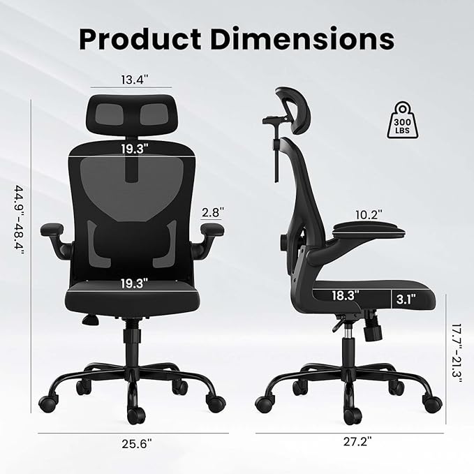 Ergonomic Mesh Office Chairs with Lumbar Support and Adjustable Headrest, High Back Comfortable Computer Desk Chair with Wheels and Armrests, Home Office Rolling Gaming Chair, Max Load 350 lbs (Black)