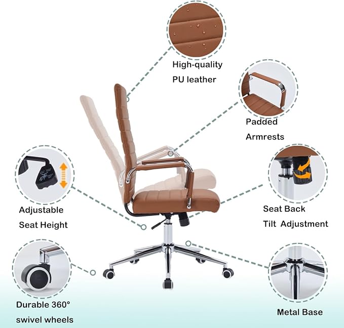 Brown Leather Ribbed Office Desk Chair, Ergonomic High-Back Executive Conference Room Chairs with Wheels, Adjustable Swivel Computer Task Chair with Arms and Thick Padded Seat
