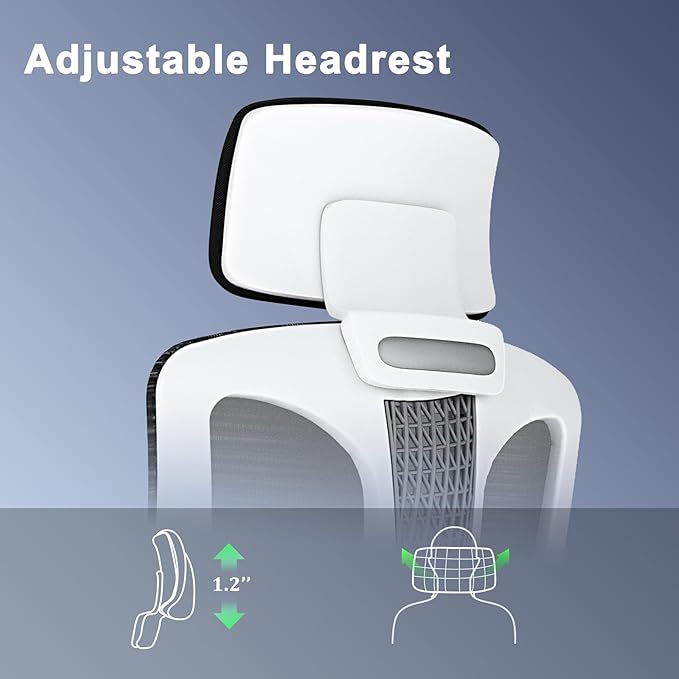 Logicfox Ergonomic Mesh Office Chair, Computer Desk Chair with 3D Armrests, Adjustable Lumbar Cushion and Adjustable Headrest, White High Back Home Office Chair with Tilt Function, Computer Chair