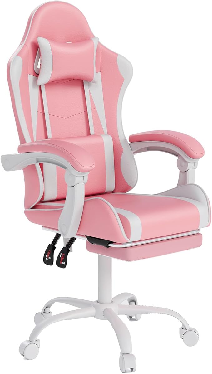 OS MOTOR Gaming Chair with Headrest and Lumbar Support, Ergonomic High Back Office Chair, Racing Style Executive Computer Desk Chair, Leather Adjustable Swivel Task Chair for Home Office (Pink White)