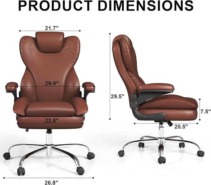 Office Chair, Home Desk Chair, Ergonomic Computer Chair with Lumbar Support, Executive Leather Chair with Flip-Up Armrests, Big and Tall Swivel Rolling Chair, Light Brown