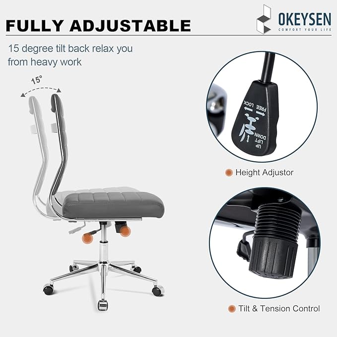 Okeysen Armless Office Desk Chair, Mid Back Leather Conference Room Chairs Without Armrests, Modern Office Chair Ribbed.