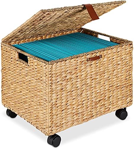 Best Choice Products Handwoven Water Hyacinth Rolling Filing Cabinet, Mobile File Organizer for Hanging Folders W/Lid and Locking Wheels For Home or Office – Natural