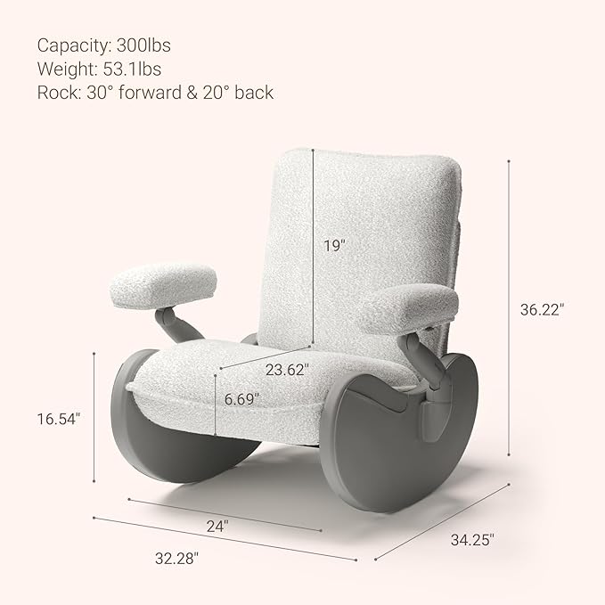 MAMAZING Lullabud Nursery Rocking Chair Glider with Adjustable Armrests for Breastfeeding, Upholstered Nursing Chair with Removable Cover for Mom and Baby(Light Grey/Light Grey)