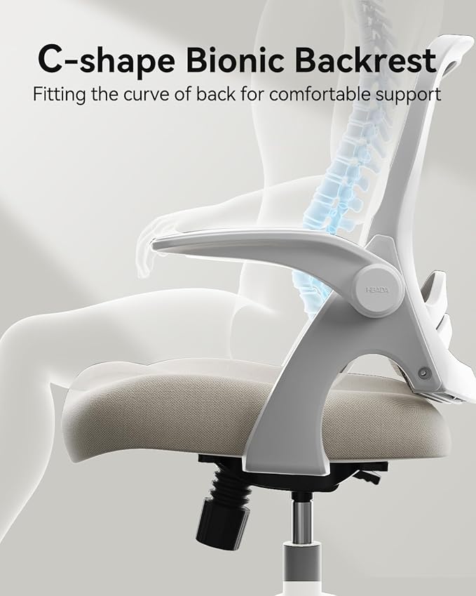 Hbada Office Desk Chair with Flip-Up Armrests and Saddle Cushion, Ergonomic Office Chair with S-Shaped Backrest, Swivel, Mesh, Grey