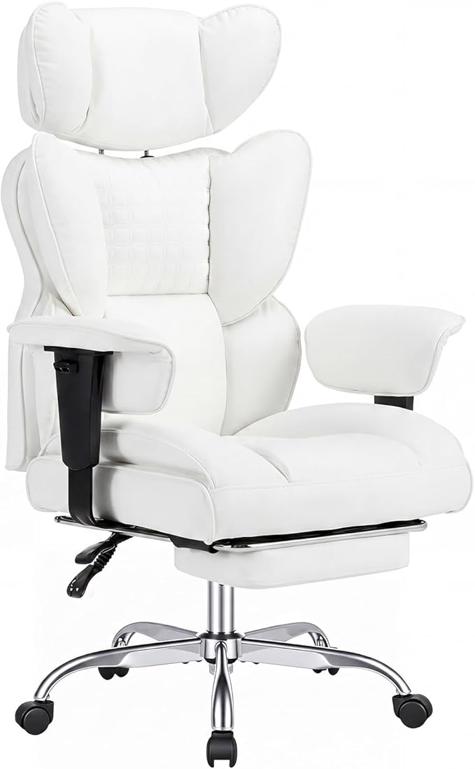 DUMOS Big and Tall Home Office Desk Chair, Gaming Computer Chair, Executive Ergonomic Chair with Footrest, High Back Reclining, Adjustable Armrests and Comfy Lumbar Support, PU Leather, White