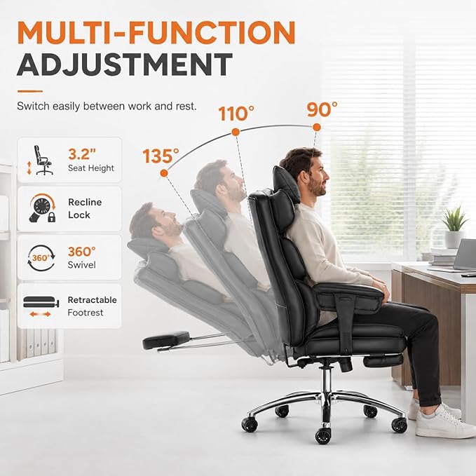 Big and Tall Ergonomic Office Chair with Footrest, Executive High Back PU Leather Desk Chair, Reclining Computer Chair with Adjustable Lumbar Support and Armrests, Swivel Rolling Gaming Chair, Black