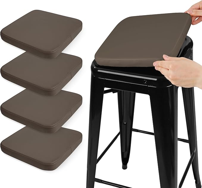 SINOSSO Modern Faux Leather Bar Stool Cushions 4 Pack, Leathaire Magnetic Small Chair Pads for Cafe Bistro Stackable Metal Stools (Square, Brown, 4)