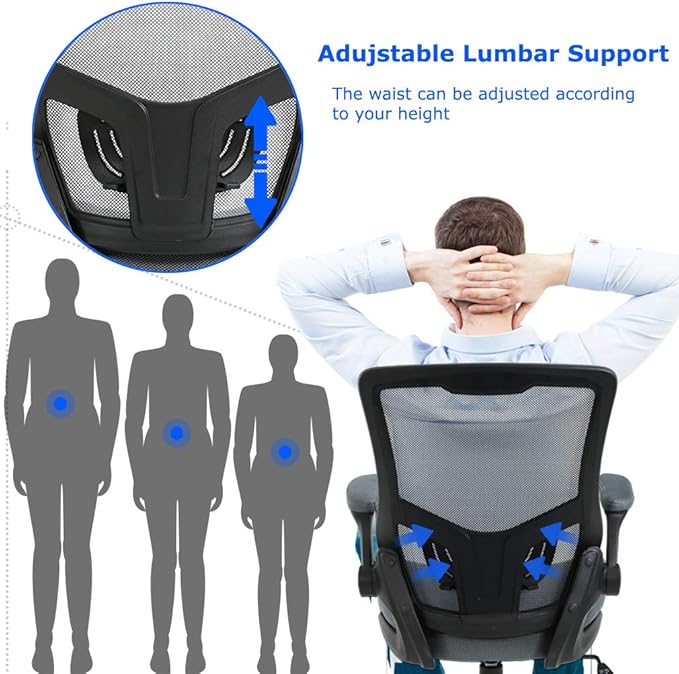 Office Chair Desk Chair Computer Chair with Lumbar Support Flip Up Arms Modern Task Adjustable Swivel Rolling Executive Mesh Ergonomic Chair for Back Pain, Grey