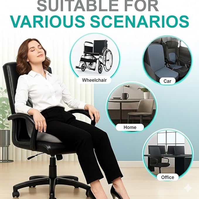Ergonomic L-Shaped Memory Foam Seat Cushion with Lumbar Support, Designed to Help Relieve Tailbone, Coccyx & Lower Back Pain for Office,Truck, Car & Travel (Grey)