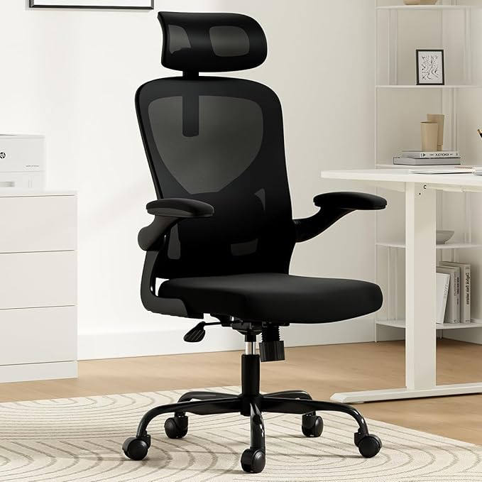 Breathable Mesh Elegance Office Chair, Modern Refined Office Chair with Adjustable Lumbar & Headrest, Minimalist Single Sofa Chairs for Home Office & Study, Black