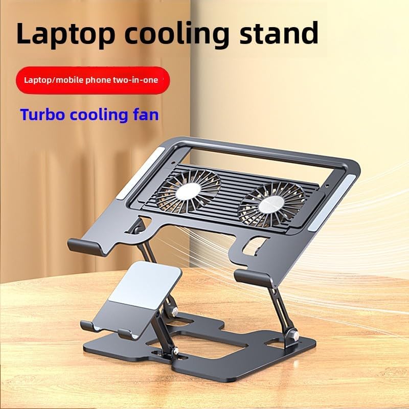 Adjustable Laptop Stand with Cooling Fans & Phone Holder, Foldable Aluminum Laptop Riser