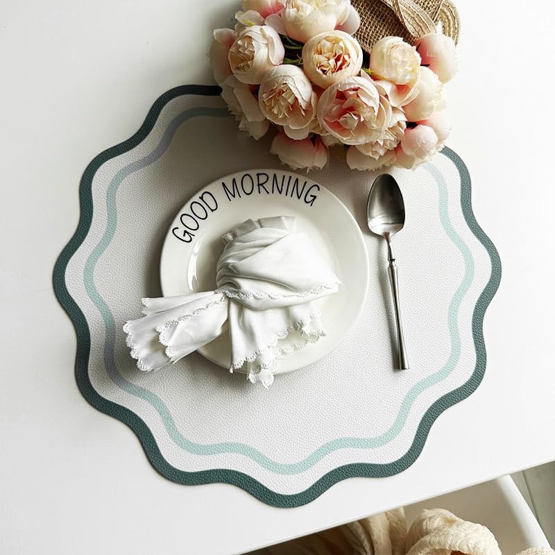 Printed Flower Shape Leather Placemat Insulated Table Mat for Kitchen Dining Table Striped Waterproof Heat-Resistant Plate Mat (Deep Green flowers1,34cm Round)