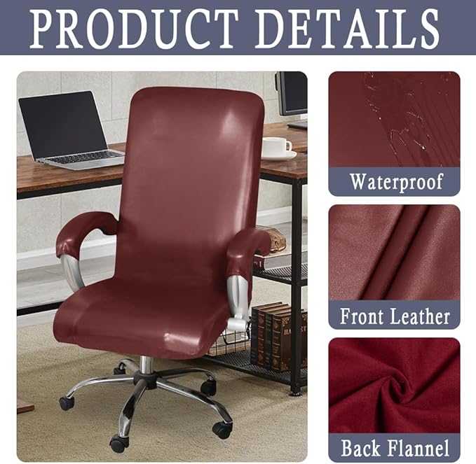 ITFRO Waterproof Office Chair Cover with Armrest Covers Red Wine PU Leather Computer Desk Chair Cover with Zipper Universal Rotating Gaming Chair Slipcover High Back Chair Seat Protector (Red Wine)
