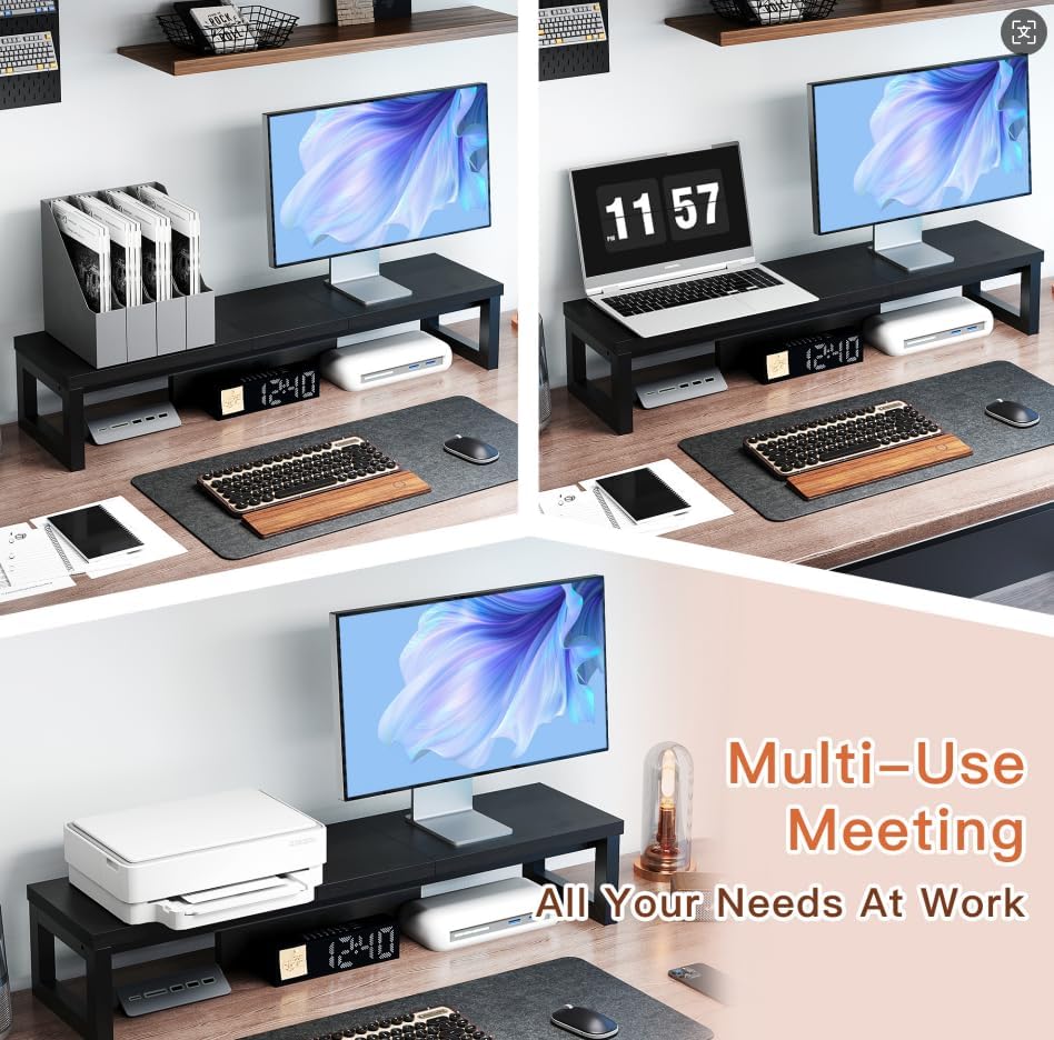 Dual Monitor Stand Riser, Wood and Steel Monitor Stand for Desk, Multi-Purpose Desk Shelf Organizer for Computer, Laptop, Printer, TV, Black