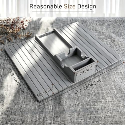 Yoshiky Grey Bamboo Couch Armrest Table, Couch Arm Tray with Removable Couch Cup Holder, 2 in 1 Design Foldable Anti-Slip Bamboo Couch Tray and Sofa Cup Holder for Drink