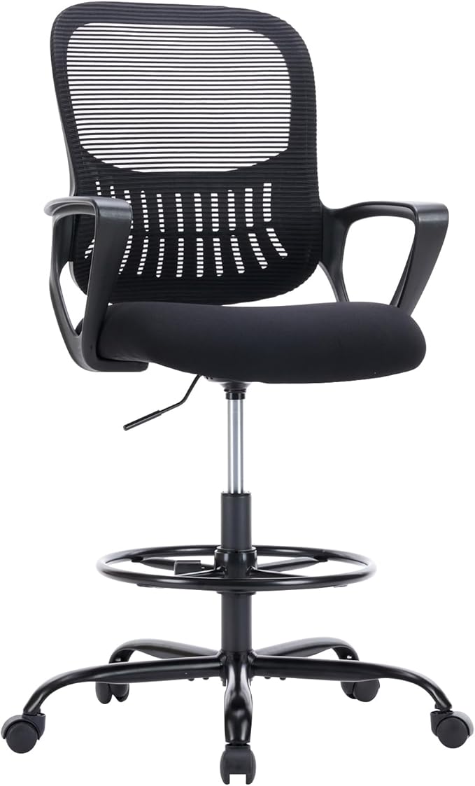 DUMOS Drafting Chair - Counter Height Adjustable Tall Office Desk Chair with Fixed Armrests and Comfortable Lumbar Support for Standing Desk, for Bedroom Livingroom, Black