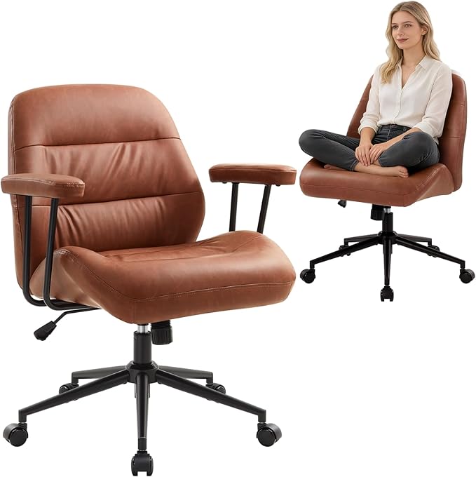 IWMH Leather Office Chair with Removable Armrests，Mid-Back Ergonomic Desk Chair with Lumbar Support，Adjustable Height 360° Swivel Executive Task Chairs for Home Office (Brown)