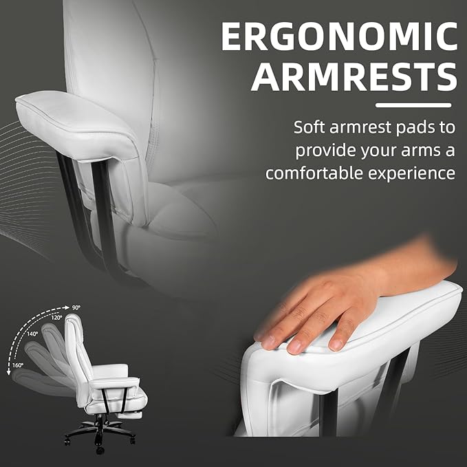 Reclining Office Chair with Footrest, Big and Tall Home Office Desk Chairs 400lbs with High Back, Criss Cross Wide Seat, Heavy Duty Base, Pu Leather, White