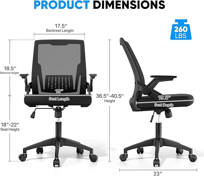 MoNiBloom Mid Back Mesh Office Chair with Flip-Up & Sliding Armrests, 18–22" Adjustable Seat Height, Ergonomic Desk Chair with Rocking Function, for Home Office, Black