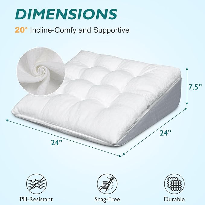 Bed Wedge Pillow for Sleep Apnea 7.5Inch Gerd Pillow Patent Dual Layer Triangle Pillow Adjustable Shredded Memory Foam Topper Soft Support Ideal for Acid Reflux, After Surgery, Snoring