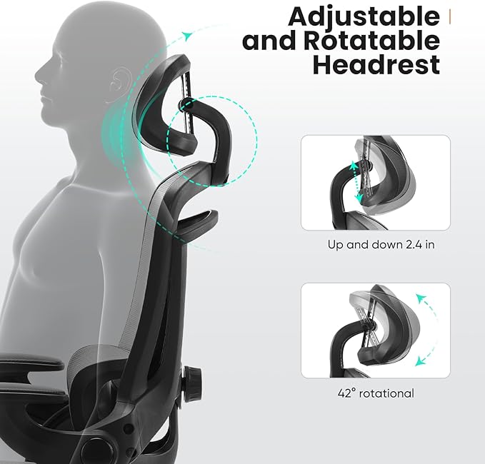 Sweetcrispy Executive Office Ergonomic Desk Chair, 300 LBS Home Mesh Chairs with Wheels, 2D Headrest, Up&Down Lumbar Support, Swivel High Back Computer Chair with Flip-up Armrests,Grey