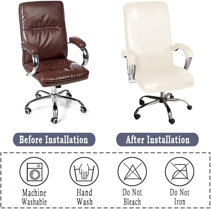 ITFRO Waterproof Office Chair Cover with Armrest Covers PU Leather Computer Desk Chair Cover with Zipper Universal Rotating Gaming Chair Slipcover High Back Chair Seat Protector (Cream White)