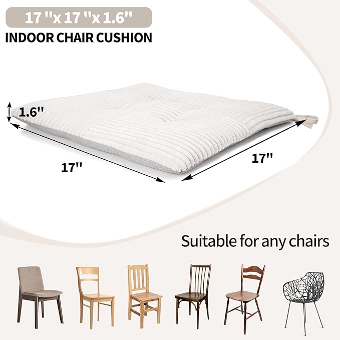 Office Stacking Chair Cushions 4 Pack, Corduroy High Density Foam Kitchen Seat Cushions with Ties, Square 17" x 17" Indoor Non-Slip Dining Chair Pads, White, 4pcs