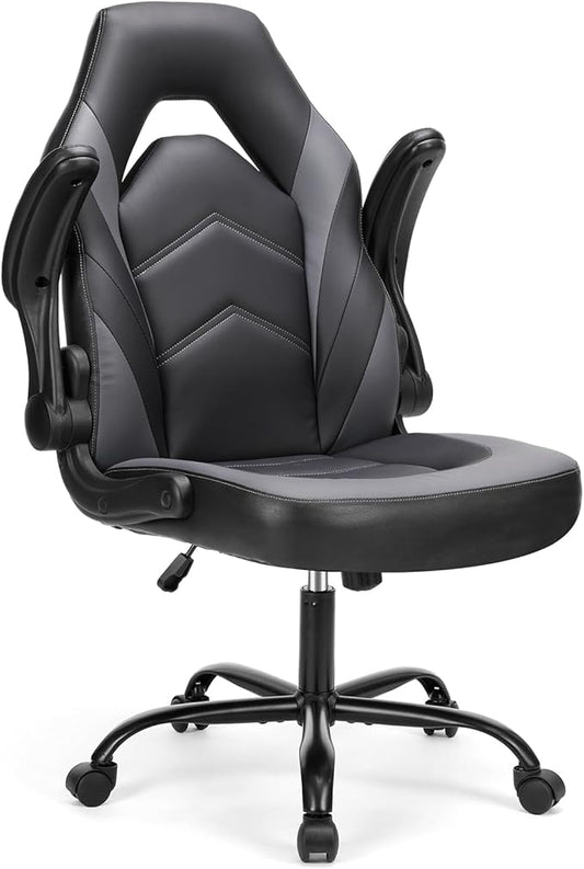 Sweetcrispy Computer Video Game Desk Chair - Ergonomic Comfy Lumbar Support, PU Leather with Flip-up Armrest, Height Adjustable and 360° Swivel, for Adults, Black Grey