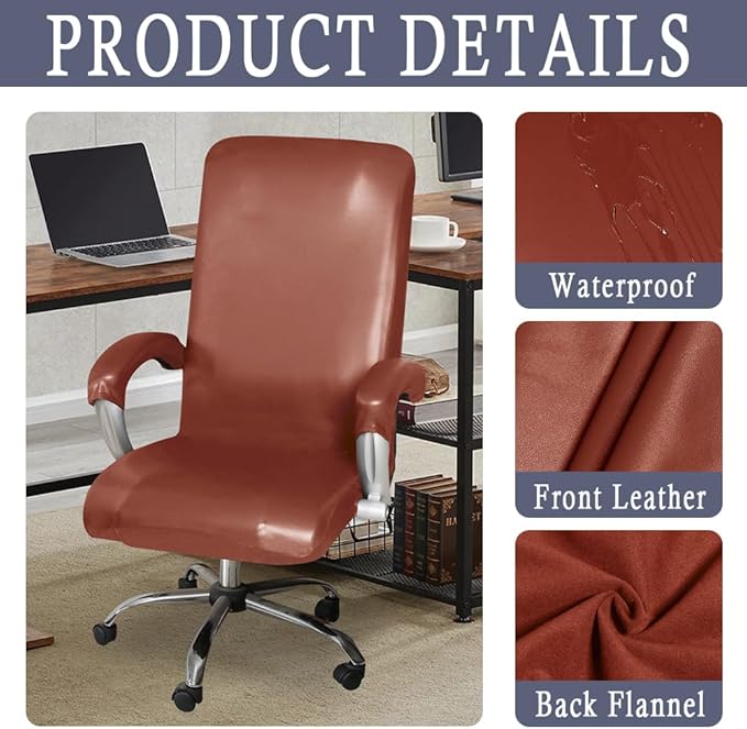 ITFRO Waterproof Office Chair Cover with Armrest Covers Camel PU Leather Computer Desk Chair Cover with Zipper Universal Rotating Gaming Chair Slipcover High Back Chair Seat Protector (Camel)