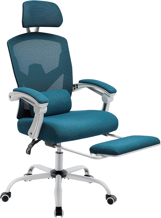 DUMOS Home Office Desk Chair with Footrest, High-Back Mesh Rolling Swivel Reclining Chairs with Wheels, Comfortable Headrest, Lumbar Support, Comfy Arms for Home, Office, Gaming, Student, Elegant Blue