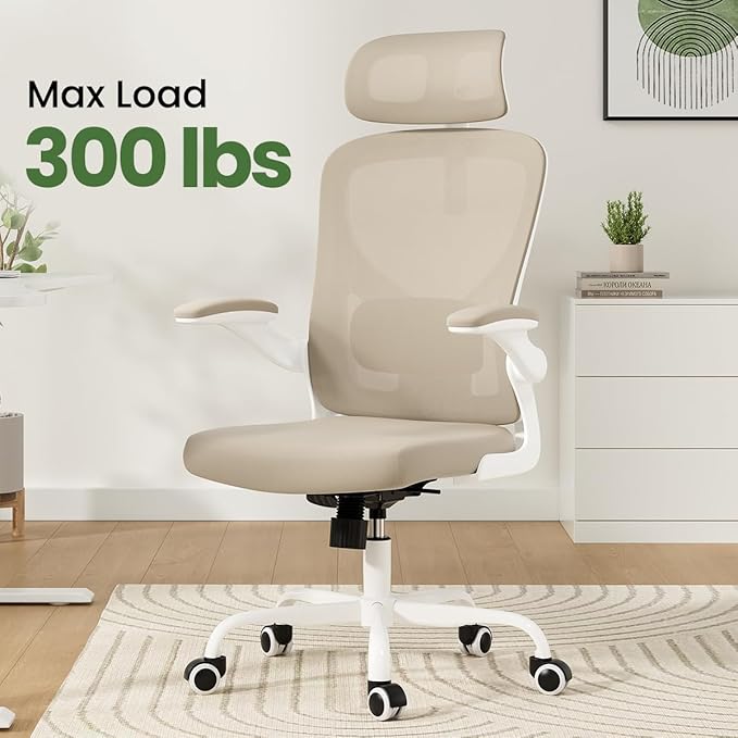 JOSHEN Breathable Mesh Elegance Office Chair, Modern Refined Office Chair with Adjustable Lumbar & Headrest, Minimalist Single Sofa Chairs for Home Office & Study, Khaki,White