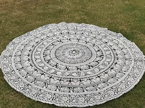 raajsee Black White Round Beach Tapestry Hippie/Boho Beach Blanket Mandala/Indian Cotton Throw - Round Tablecloth/Home Decor/Indie Rug Yoga Mat Meditation Picnic Rugs 127 CM / 50 INCHE Circle