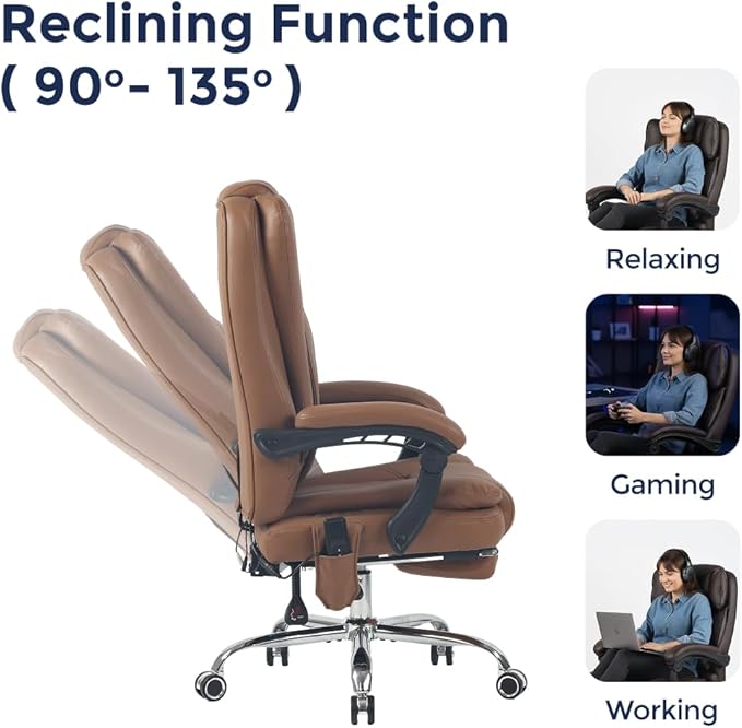 Orbis 4-Point Kneading Heated Massage Office Chair with Foot Rest | 500lbs Big & Tall Ergonomic Executive Desk Chair for Heavy People | Reclining Home Office Computer Chair | Leather Caramel