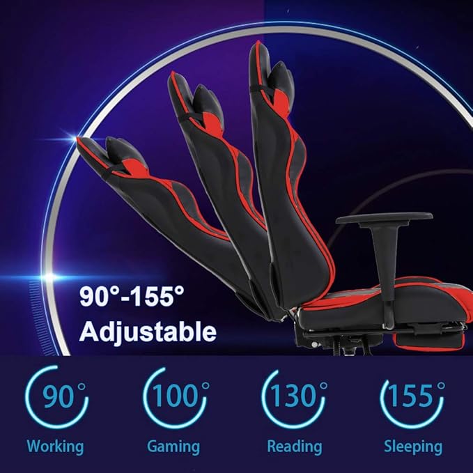 BestOffice | Ergonomic Gaming Chair | Red | Reclining Computer Chair with Lumbar Support, Headrest Pillow, Adjustable Footrests | 360 Swivel with Heavy Duty Wheels | for Home & Office