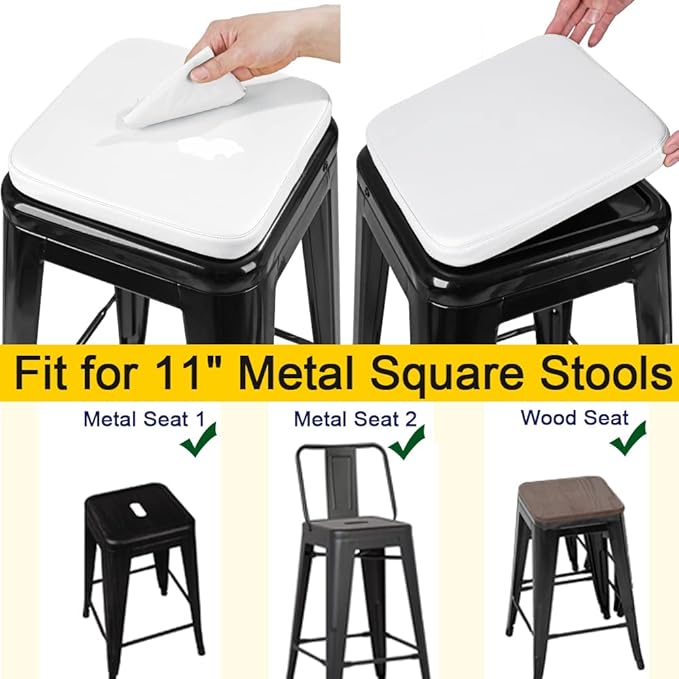 SINOSSO Modern Faux Leather Bar Stool Cushions 4 Pack, Leathaire Magnetic Small Chair Pads for Cafe Bistro Stackable Metal Stools (Square, White, 4)