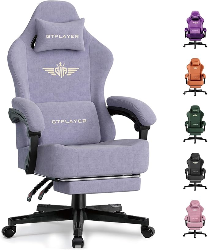 GTPLAYER Gaming Chair with Pocket Spring Cushion, High Back Ergonomic Computer Chair with Footrest for Adults Lumbar Support Swivel Game Chair for Office Gaming 350LBS, Fabric Macaron Purple